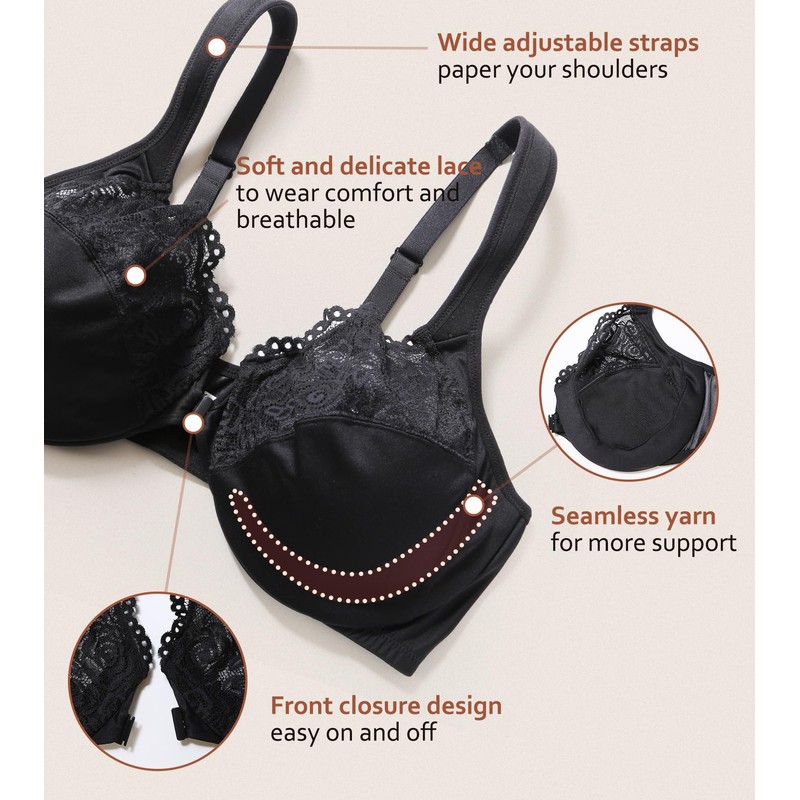 DotVol Women's Front Closure Wide Strap Underwire Bra Lace Plus