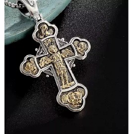 Fashion Jewelry Large CROSS ANGEL ST MICHAEL PROTECT Pendant on 26" 925 Plated Silver Chain Men