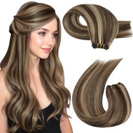 Moresoo Weft Hair Extensions Dark Brown with Honey Blonde Sew in Hair Extensions Human Hair Straight 100G 14inch