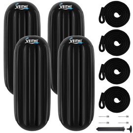 VEITHI Boat Fenders 4 Pack 8 x 20 inch, Hole Through Middle Vinyl Boat Bumpers Fenders,Boat Bumpers for Docking Come with Ropes Needles and Pump, Inflatable Ribbed Fenders for Pontoon Yacht - Black