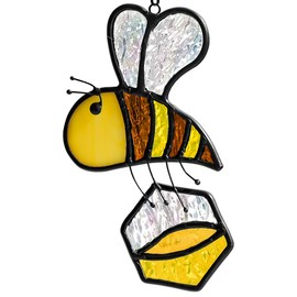 BOXCASA Honey Bee Decor Stained Glass Suncatcher,Bumble Bee Stained Glass Window Hanging,Birthday Bees Gifts for Bees Lover Women Mom Kids,Honeypot Decorations for Home