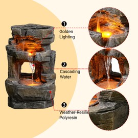 Kalona Outdoor Waterfall Fountain with LED Lights - 3-Tier Resin Rock Water Feature for Garden Patio Backyard, 21.5" Tall Fountain Decor 24392