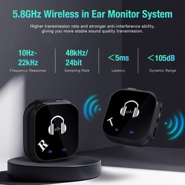 5.8G Wireless in Ear Monitor System,Upgraded Stereo IEM System Low Latency with Wireless Transmitter Receiver Clip On, One to More, Auto-Pairing for Live Broadcast, Studio, Band Rehearsal