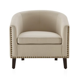 BELLEZE Modern Tub Barrel Accent Chair Upholstered Linen with Nail Head, Beige