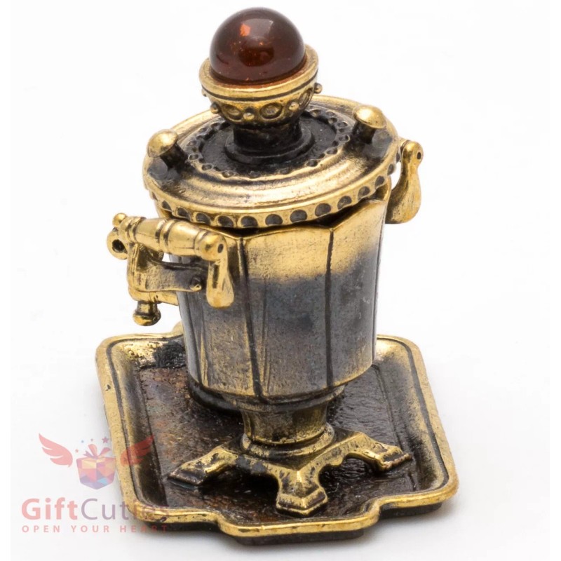 Brass Amber Figurine souvenir of Russian Samovar Teapot set souvenir