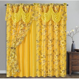 GOHD Roman Romance. Burnt-Out Printed Organza Window Curtain Treatment. Choice of 2pcs Curtain with Backing Set, 2pcs Organza Curtain, 1pc Valance (Yellow, 55 x 84 inches + Attached Valance x 2pcs)