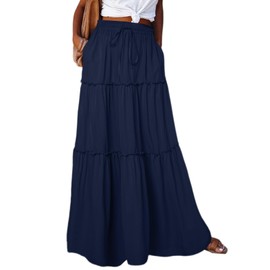 Happy Sailed Womens Maxi Skirt Retro Boho Style High Waist Elastic Waist A Line Long Flowy Beach Skirts with Pockets Navy Blue Medium