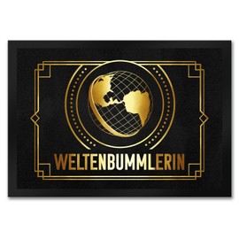 Globetrotter Doormat in 35 x 50 cm with Golden Globe and Travel Motif Beautiful Doormat as a Gift for Frequent Travelers with World Map Motif