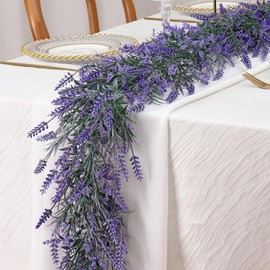 TOCHGREEN 6FT Spring Summer Lavender Garland Artificial Purple Flower Garlands Faux All Year Lavender Garlands for Home Indoor Door Mantle Window Wall Arch Farmhouse Wedding Stair Table Decor (2PCS)