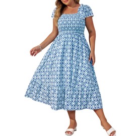 Hanna Nikole Women Plus Size Summer Maxi Dress Short Sleeve Smocked Square Neck Casual Blue Flowy Dresses with Pockets 1X