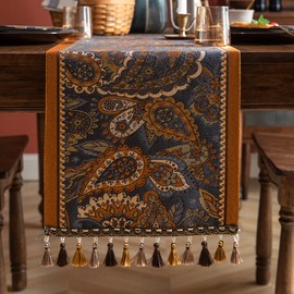 Camino de mesa floral clásico de lujo de 94.5 pulgadas de largo, tela jacquard bordado con múltiples borlas, decoración de comedor para boda, día festivo, fiesta chimenea (anacardos, 13.7 x 95.7
