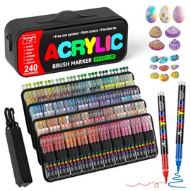 240 Colors Acrylic Paint Markers with Carrying Bag and Shoulder Strap, Soft Brush Tip Paint Pens, Acrylic Pens for Wood, Stone, Canvas, Glass, Fabric, Egg, Rock Painting and DIY Crafts Art Supplies