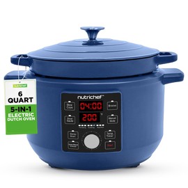 6 Quart Electric Dutch Oven | 1500W 5-in-1 Enamel Coated Cast Iron Pot with Stainless Steel Lid | Precise Temperature Control | Includes 2 Silicone Pot Holders & Heat Resistant Pad | Blue