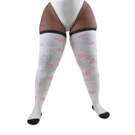 Thunda Thighs Plus Size Thigh High Socks, Over the Knee High Boot Stockings Leg Warmers, Extra Long & Thick Socks White & Light Pink Spots