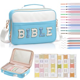 KOPKOFT Bible Cover Case for Women, Large Chenille Letter Leather Bible Case with Bible Study Accessories, Bible Study Supplies Bible Journaling Kit, Christmas Christian Gift for Women Girls (Blue)