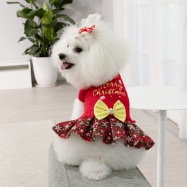 CuteBone Christmas Dog Sweater Dress Turtleneck Puppy Sweater with Bowtie Leash Hole Pullover Winter Dress for Small Dogs