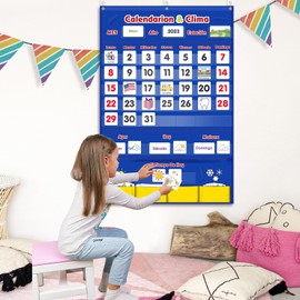 Godery Spanish Calendar and Weather Pocket Chart, Classroom Organized Chart, 140 Pieces (Spanish)