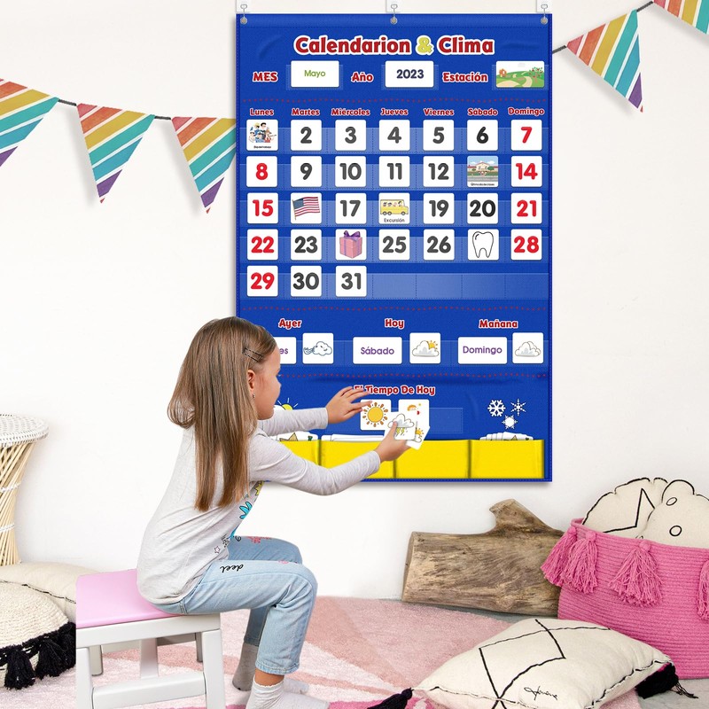 Godery Spanish Calendar and Weather Pocket Chart, Classroom Organized Chart,
