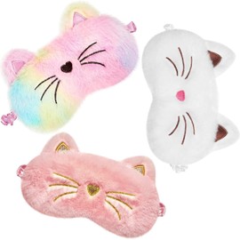MKUCCD Sleep Eye Mask for Kids, Plush Sleeping Eye Cover 3 Pcs Soft Funny Blindfold Sleep Eye Cover Animal Sleeping Eye Shade for Kids Girls(White, Pink and Rainbow Color, Cat Style)