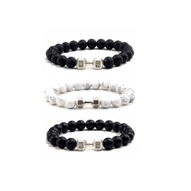 Cicod Black Dumbbell Bracelet for Men Gym Bros Fitness Barbell Bracelet 3PCS Natural Volcanic Lava Stone Adjustable Black Obsidian Fitness Jewelry for Women (Silver)