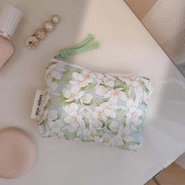 Kawlxpp 2pcs Small Cosmetic Bags for Women and Girls, Cute Girl Flower Fabric Makeup Pouch Lipstick Headphones Organizer Pouch with Zipper Cotton Quilted Padding