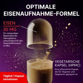 Iron Bisglycinate 30 mg Dietary Supplement for Blood and Oxygen Production Heart, Muscles and Energy Daily Support for Women and Men Non-GMO, Vegan 120 Capsules