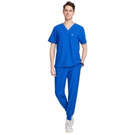 Uniforms World Louis Scrubs Set for Men — Classic V-Neck Stretch Top & Jogger Pants Yoga Waistband, 8 Pockets, Anti-Wrinkle