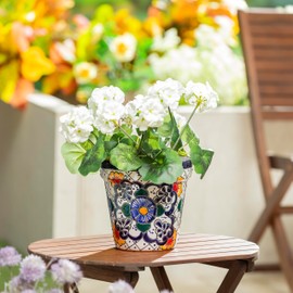 Evergreen Garden Talavera Mexican Pottery Ceramic Talavera White Vase Planter | Flower Pot Plant Succulent | Indoor Outdoor (8 inch)