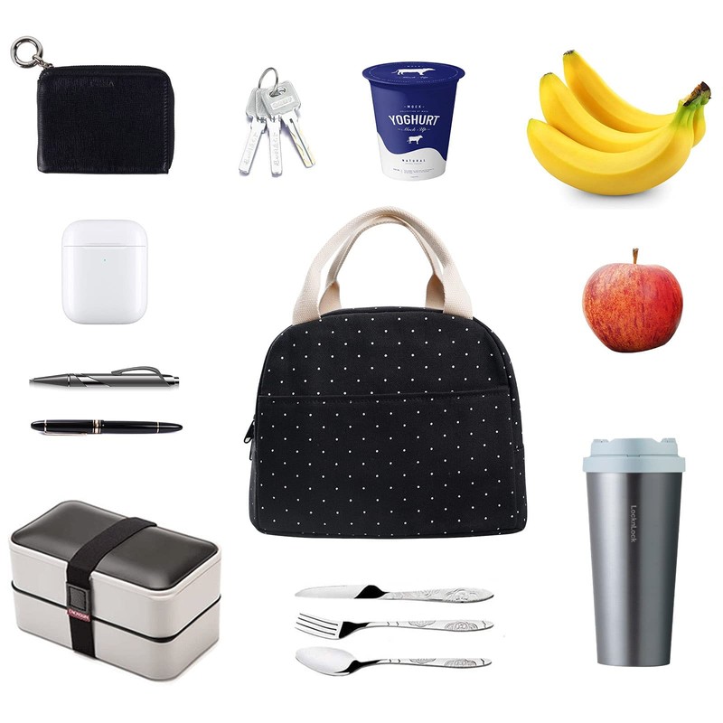 EurCross Upgraded Compact Black Lunch Bag for Girls Women,Canvas Reusable