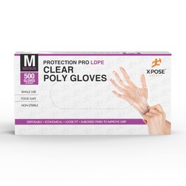 Xpose Safety Disposable Food Prep Poly Gloves - 500 Medium Clear - Transparent Embossed Latex Free Kitchen Gloves, Plastic Gloves for Food Handling, Serving, Cooking, Cleaning, Hair Dye & Coloring