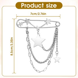 Mabor Silver Star Brooch Pins for Women Star Tassel Chain Brooch Collar Pins Vintage Bling Crystal Sweater Shawl Clips Punk Collar Chain Brooch for Women Girls