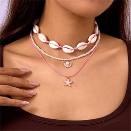 Shell Beach Choker Necklace Set for Women Boho Layered Beaded Adjustable Starfish Conch Shell Nacklace Imitaion Pearl Rice Beads Necklace Summer Ocean Vacation Jewelry-Pink
