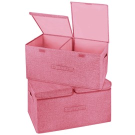 Valease 2 Pack Storage Boxes with Lids and Handles, Collapsible Linen Storage Bins Organizer Containers Baskets Cube with Removable Divider for Home Bedroom Closet Office (Pink, Large)