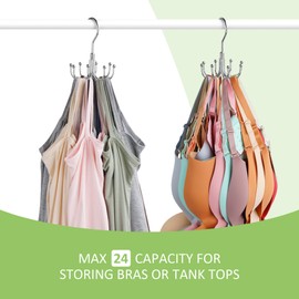 Tank Top Hanger, Rotatable Bra Hanger for Closet, Max 24 Capacity Metal Tank Top Holder Storage Space Saving Sport Bra Organizer for Belt Scarf Purse, Silver