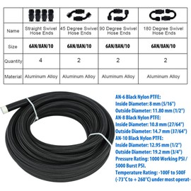 8AN 20FT Fuel Line Hose Kit, PTFE E85 Nylon Braided Fuel Line Oil/Gas/Fuel Hose End Fitting Hose with 10PCS Swivel Fuel Hose Fitting Adapter Kit - Black