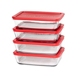 Anchor Hocking SnugFitTM Rectangular Food Storage Containers with Lids (4-Piece, 6-cup, Red, oven-safe)