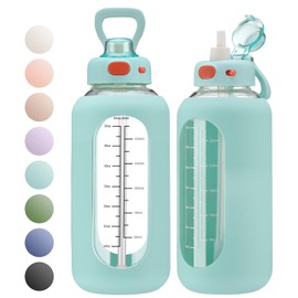 SIEROZUR 42 oz Glass Water Bottle with Straw and Handle, Large Sports Motivational Water Bottle Flask with Time Marker Leakproof Water Jug with Silicone Sleeve for Gym