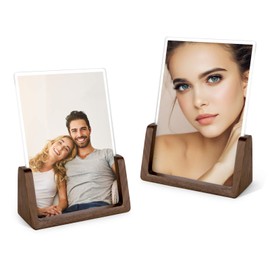 Mixoo Picture Frame 2 Pack - Rustic Wooden Photo Frames with Walnut Wood Base and High Definition Break Free Acrylic Glass Covers for Tabletop or Desktop Display (4x6 inch, Vertical + Vertical)