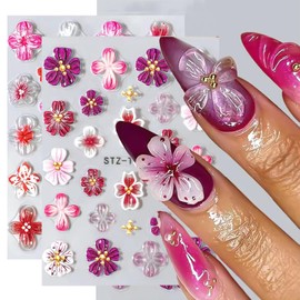 2Sheets 5D Pink Blossom Floral Nail Stickers Spring Summer Cute Petal Nail Art Stickers Embossed Summer Flower Nail Sliders Tropical Flowers Charms Lily Art Decor Manicure Decal DIY for Women