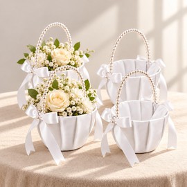 4-Piece Flower Girl Baskets for Wedding - Pure White Flower Petal Baskets with Pearl Handle & Satin Bow, Elegant Wedding Ceremony Decorations & Bridal Party Supplies (Set of 4)