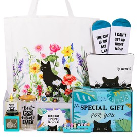 TAOVEEK Cat Lovers Gifts for Women, Cat Mom Themed Gift Thinking of You Gifts for Her Birthday Christmas with Glass Cup, Soy Wax Candle, Canvas Tote and Makeup Bag, Ready Gift for Cats Lady Box