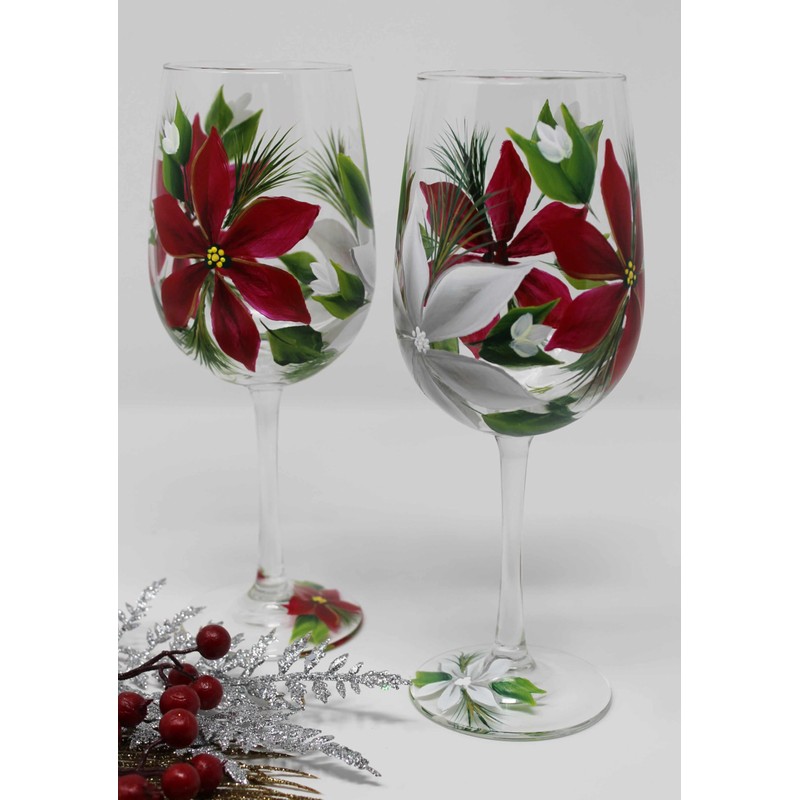 Hand Painted Wine Glasses (Set of 2) - Poinsettia Red/Silver/White