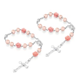 Ferianl 2PCS Car Rose Rosary for Rearview Mirror, Cross Blessing Rear View Mirror Hanging Decors, Auto Interior Hanging Accessories for SUV, Sedan, Truck (Pink)