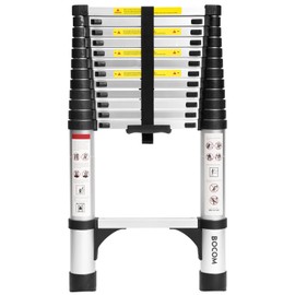 BOCOM 12.5 FT Aluminum Telescoping Ladder, Lightweight Multi-Purpose Collapsible Extension with 2 Triangle Stabilizers, Heavy Duty 330 lbs Max Capacity, Ideal for Home, RV, and Outdoor Work Silver