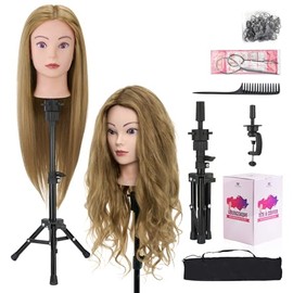Cabeza de maniquí de 28 pulgadas, 60% cabello humano con soporte de trípode, maniquí de cosmetología, práctica de maniquí con soporte, cabeza de peluquería trenzada para peinar el cabello con