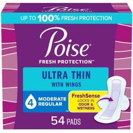 Poise Poise Ultra Thin Incontinence Pads with Wings & Postpartum Incontinence Pads, 4 Drop Moderate Absorbency, Regular Length, 54 Count, Packaging May Vary
