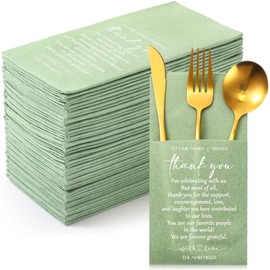 Qilery 100 Plain Thank You Wedding Napkins Cocktail Napkins Newlyweds to Family Friends Guests with Built in Flatware Pocket Tissues Napkins Bridal Shower Rehearsal Dinner Party Supply (Sage Green)