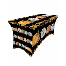 Spandex Tablecloth for 4ft Rectangle Tables,Fall Farm Pumpkin Fitted Stretch Table Cover Wrinkle Free Table Cloths for Party Wedding Banquet,Thanksgiving Maple Leaf Sunflower on Black