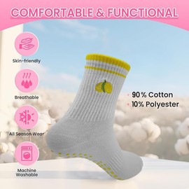 DADAB Cute Pilates Grip Socks for Women – Yoga Grippy Non Slip Barre Sticky Crew Socks for Workout, Hospital Use (2 Packs-Lemon)