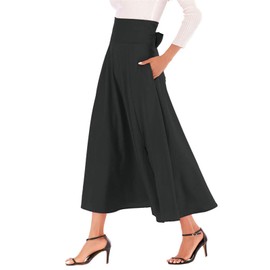 Women's High-Waisted Pleated Long Skirt Belt Pocket Maxi Vintage Skirt 5 Colors(Black M)